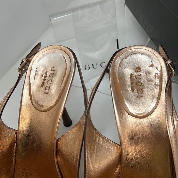 Gucci Sz 7 B Rosegold Rose Gold Leather Slingback Bamboo Horse Bit Heels - Picture 6 of 12